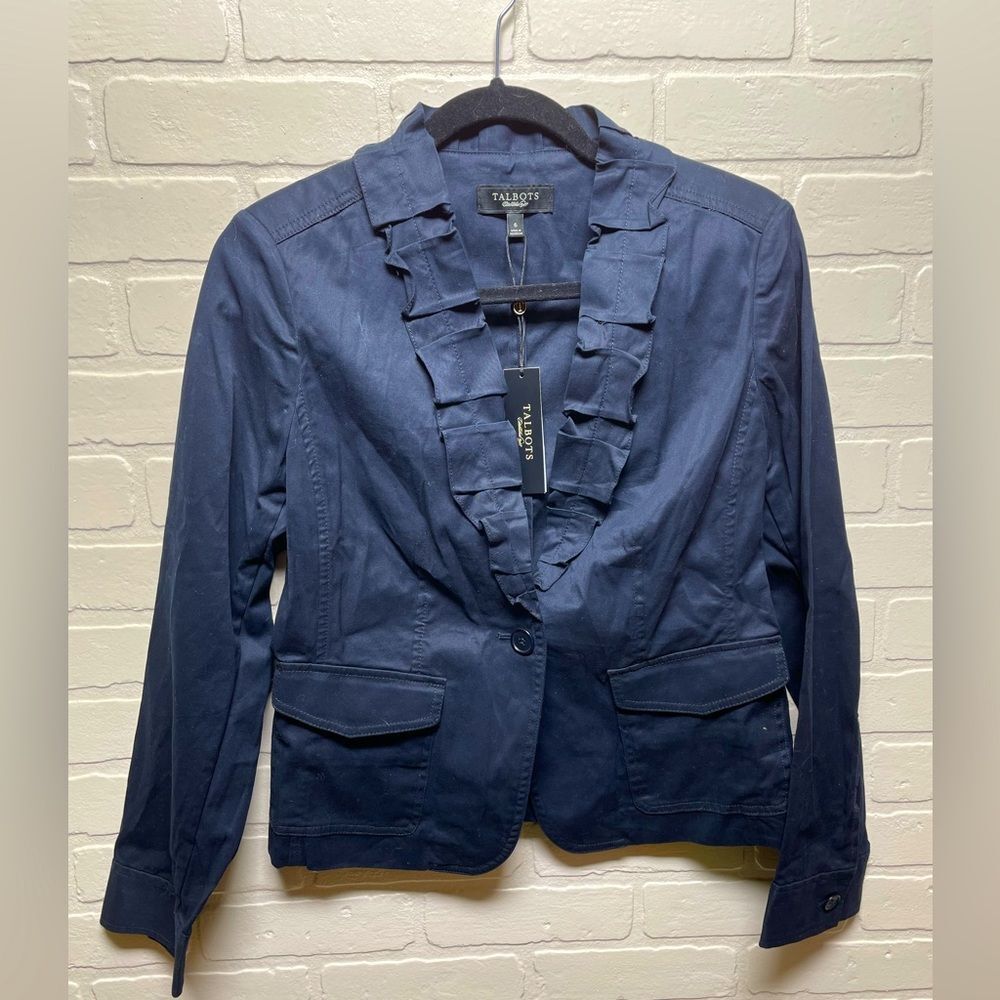 Talbots The Grace Fit Ruffle Career Jacket Blazer Coat Navy (1088)
